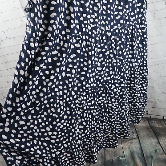 NAVY BLUE WITH WHITE DESIGN ROUND NECK RUFFLE CAP SLEEVE PRAIRE TUNIC TOP 2XL - Picture 8 of 8